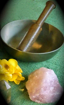 Tibetan bowl, yellow flower and Rose Quartz healing with sound